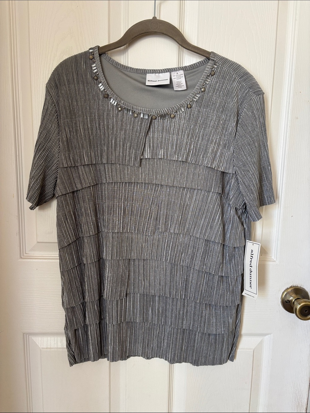 Alfred Dunner Silver-Gray Pleated Short Sleeve Top with Beaded Neckline